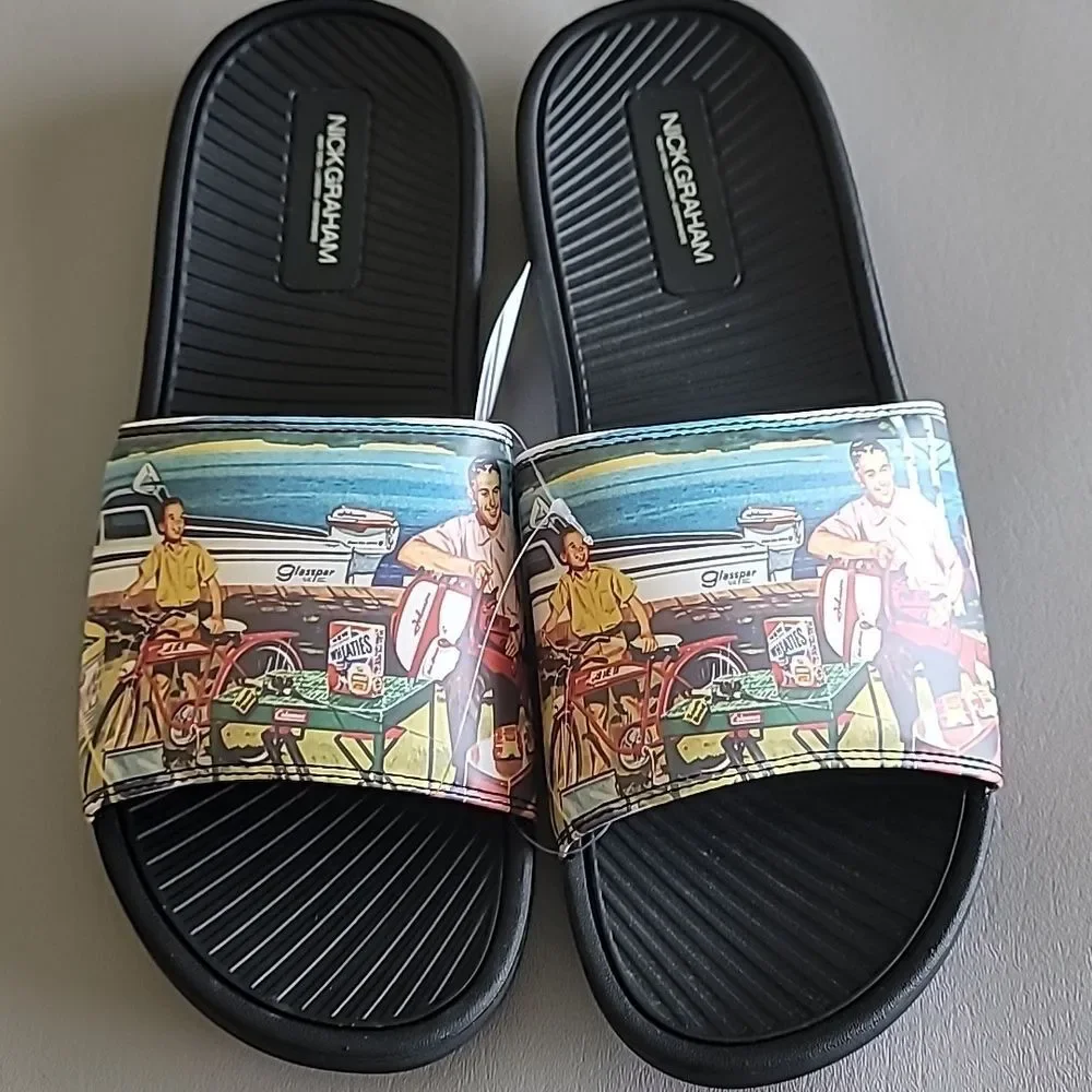 Nick Graham Dane Happy Men's Slide Sandals Beach Print Father Day Size 13 M